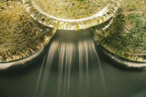 Three round clear glass plates filled with shimmering gold and green glitter, arranged in a close-up composition with light rays shining through the center.